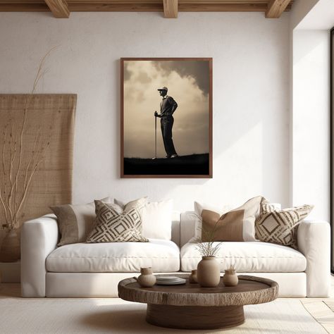 Golf Office Decor, Golf Decorating Ideas, Golf Lounge, Golf Furniture, Golf Wall Art, Black Couches, Golf Poster, Golf Decor, Golf Art