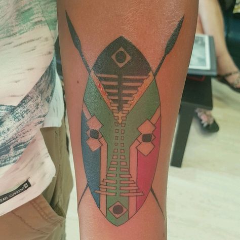 Zulu Tattoo, Zulu Shield, African Spear, Shield Tattoo, Africa Tattoos, Zulu Warrior, Full Moon Tattoo, South African Flag, African Tattoo