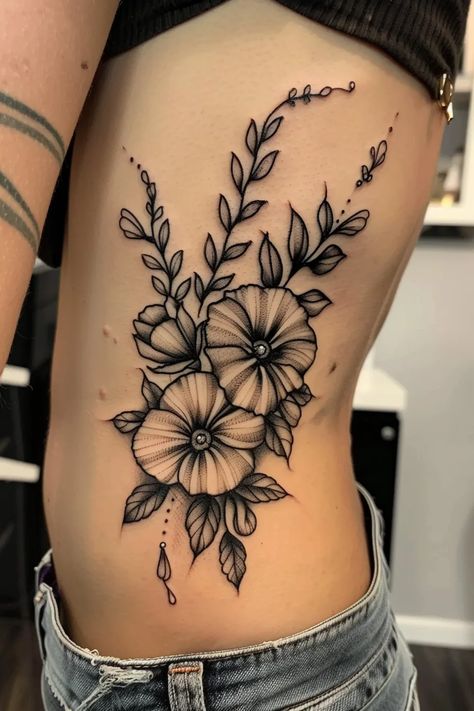 Side Flower Tattoos Women, April Birth Flower Tattoo, Birth Flower Tattoo Ideas, Sweet Pea Tattoo, Flower Tattoo Ideas, April Birth Flower, Tattoos For Women Flowers, Birth Flower Tattoos, Sweet Peas