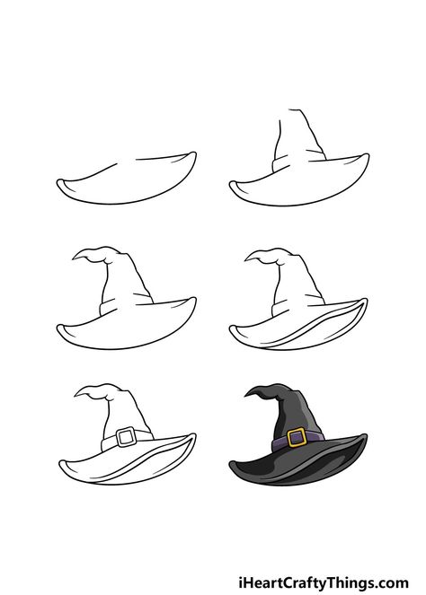 Witch Hat Drawing - How To Draw A Witch Hat Step By Step Witch’s Hat Drawing, Witchy Hat Drawing, Witch Hat Drawing Easy, How To Draw Witch Hats, Wizard Hat Drawing Reference, Witch Hat Outline, Witch’s Hat, How To Draw A Witch Hat, How To Draw A Witch