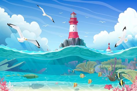 vector cartoon Lighthouse sea port nautical clipart Under The Sea Vector, Lighthouse Cartoon, Sea Vector, Nautical Clipart, Sea Illustration, Sea Port, Vector Cartoon, Childrens Illustrations, Tropical Fish