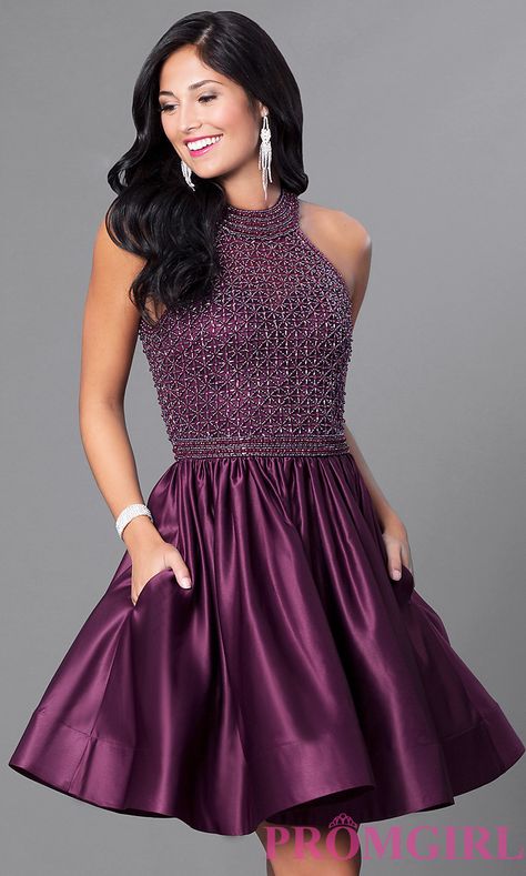 I like Style CD-1526 from PromGirl.com, do you like? Magenta Dresses, Purple Hoco Dress, Dress Winter Outfit, Purple Hoco, Eggplant Dress, High Neck Evening Dress, Dress Outfits Party, Purple Homecoming Dress, Short Party Dresses