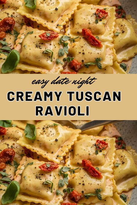 🍝 Transform date night with this Easy Creamy Tuscan Ravioli! A romantic 20-minute meal featuring pillowy ravioli in a luxurious garlic cream sauce with sun-dried tomatoes & spinach. Perfect for impressing your special someone! Check out my blog for the complete recipe and wine pairing suggestions. ❤️ #datenight #tuscancooking Homemade Stuffed Ravioli, White Sauce Ravioli Recipe, Ravioli Sauce Creamy, Authentic Italian Ravioli Recipes, Simple Ravioli Recipe, One Pot Ravioli Recipe, Ravioli Alfredo Recipe, Vegetarian Tortellini Recipes, Spinach Ravioli Recipe Dinners