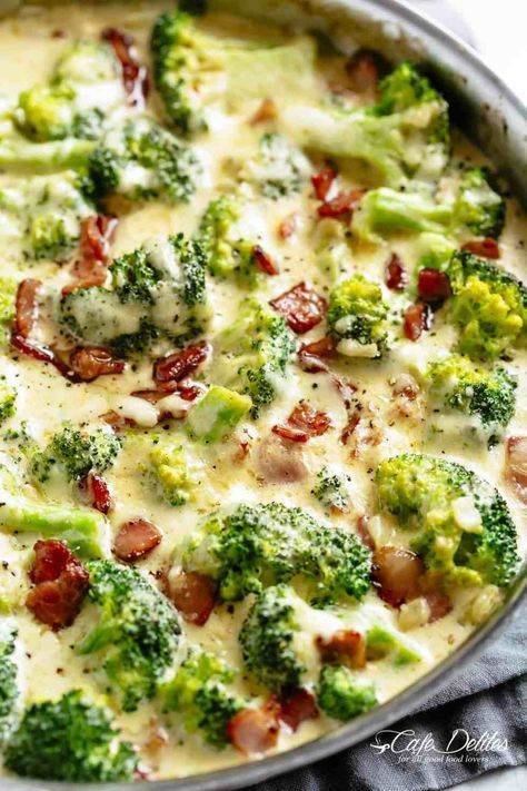 Creamy Broccoli Keto approved and low carb! | cafedelites.com Plain Recipes, Garlic Parmesan Broccoli, Broccoli Bacon, Parmesan Broccoli, Garlic Broccoli, Fried Broccoli, Creamy Broccoli, Cafe Delites, Bacon Recipe