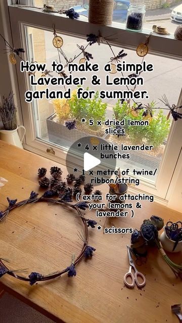 Julieanne Martin on Instagram: "🍋💜🌱For those that messaged over questions, here are a few tips and techniques to help you create your very own, easy peasy LAVENDER & LEMON garland for summer. 🍋💜🌱Just remember to always start in the middle, then add to both ends, then fill in between, remembering to keep finding the middle. 🍋💜🌱If you balance your garland it will appear more pleasing to your eye. 🍋💜🌱Your lemon slices will look like jewels when hung in front of a window with the sun streaming in. 🍋💜🌱Have fun x🍋💜🌱x #lavenderandlemongarland #easygarland #makinganeasygarland #lavender #lemon #easycrafts #easycraftideas" Lemon Garland, Lavender And Lemon, Dried Lemon, Lavender Lemon, Lemon Slices, Lemon Lavender, Lemon Slice, Dried Fruit, Easy Peasy