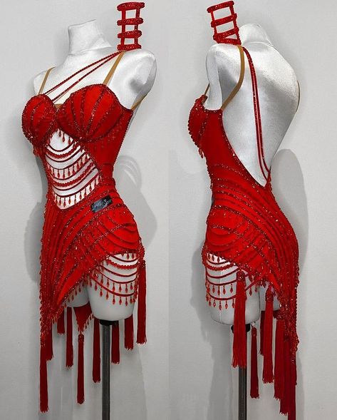 Salsa Fashion, Red Latin Dance Dress, Salsa Costume, Burlesque Outfit, Latin Costume, Dancesport Dresses, Gown Designer, Ballroom Costumes, Design Makeup