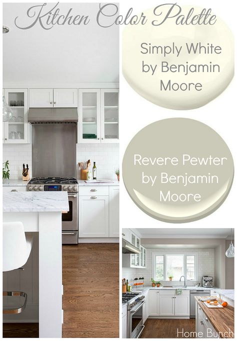 Kitchen Color Palette. Whole Kitchen Color Palette. Kitchen Cabinet Paint Color… Simply White And Revere Pewter, Laundry Room Paint Color, Kitchen Color Palettes, Trendy Kitchen Colors, Interior Paint Colors Schemes, Paint For Kitchen Walls, Painted Kitchen Cabinets Colors, Revere Pewter, Kitchen Colour Schemes