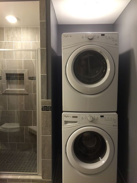 Small Bathroom With Washer And Dryer Stacked, Add Washer Dryer To Bathroom, Apartment Stackable Washer And Dryer, Small Apartment Washer And Dryer, Washer And Dryer In Bathrromlg Laundry Tower, Walk In Closet Ikea, Laundry Bathroom Combo, Closet Room Organizer, Basement Bathroom Design