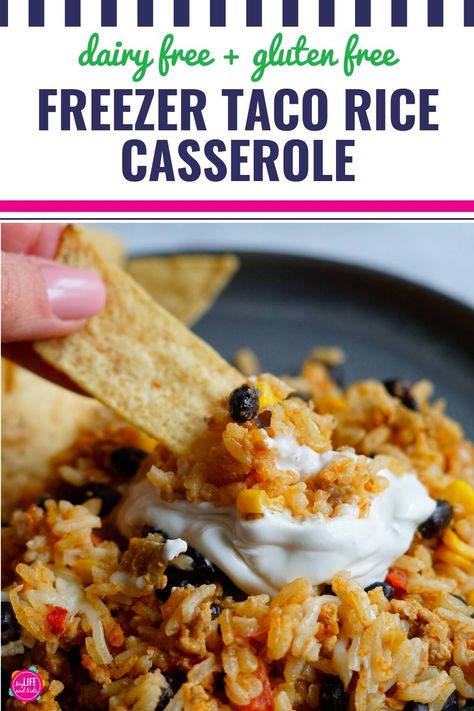 This easy, healthy recipe is gluten free, dairy free AND perfect for the freezer. My entire family loves this Taco Rice Casserole (made without beef). It tastes delicious, and it's a great freezer meal to make ahead and whip out for a quick dinner for our family or to feed a crowd. While this recipe gives dairy free and gluten free modifications, it does not HAVE to be dairy free or gluten free. Make it for dinner tonight or to keep your freezer stocked. Taco Rice Casserole, Casserole Dairy Free, Freezer Casserole, Freezer Casseroles, Gluten Free Freezer Meals, Casserole Ideas, Meal Planing, Gluten Free Tacos, Taco Rice