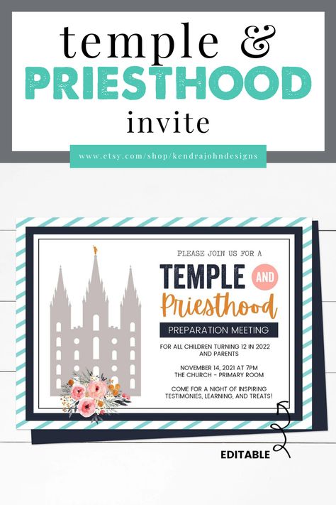 An editable invitation for the Primary meeting Temple and Priesthood Preparation Meeting held by the Church of Jesus Christ of Latter-day Saints. Primary Invitation, Temple Prep Class, Primary turning 12, 11 year old meeting for Temple, Temple Prep And Priesthood Preview, Temple And Priesthood Preview, Primary Teachers Gifts, Priesthood Preview, Reading Charts, Reward Chart Kids, Kids Rewards, Teachers Gifts, Lds Primary