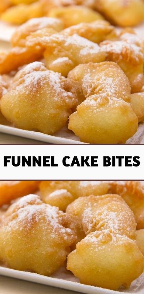 HOMEMADE FUNNEL CAKE BITES RECIPE Breakfast Funnel Cake, Funnel Cakes Recipe Easy, Woofums Recipes, Funnel Cake Bites Easy, Fun Baking With Kids, Homemade Funnel Cake Recipe Easy, Small Dessert Recipes, Fun Desserts For Kids, Funnel Cake Bites Recipe