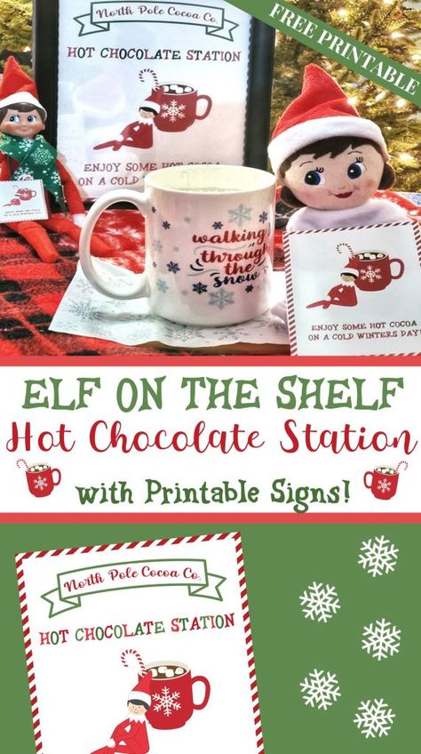 If you have an Elf on the Shelf in your house this Christmas season, this is a fun activity for you and your family to do! Set up a Elf themed Hot Chocolate Station with hot cocoa and all the fixings along with these festive large and elf sized printable signs! Elf Hot Chocolate, Hot Chocolate Printable, Marshmallow Sauce, Hot Chocolate Station, Chocolate Station, Gathering Ideas, Christmas Snack, Chocolate Spoons, Peppermint Sticks