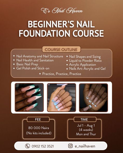 Join our comprehensive training program and become a skilled nail technician Course outline: Nail prep, Acrylic application, cuticle care, gel application and lots of practice Date: July 1st to August 1st Time: 10am-4pm(Monday and Thursday) Fee: 80,000( no kit included) Contact us for mor inquiries and to reserve your spot. Please note that we have limited slots 📞: 0902 152 3521 Gel Application, Course Outline, Acrylic Application, Es Nails, Cuticle Care, Nail Prep, Basic Nails, August 1st, July 1st