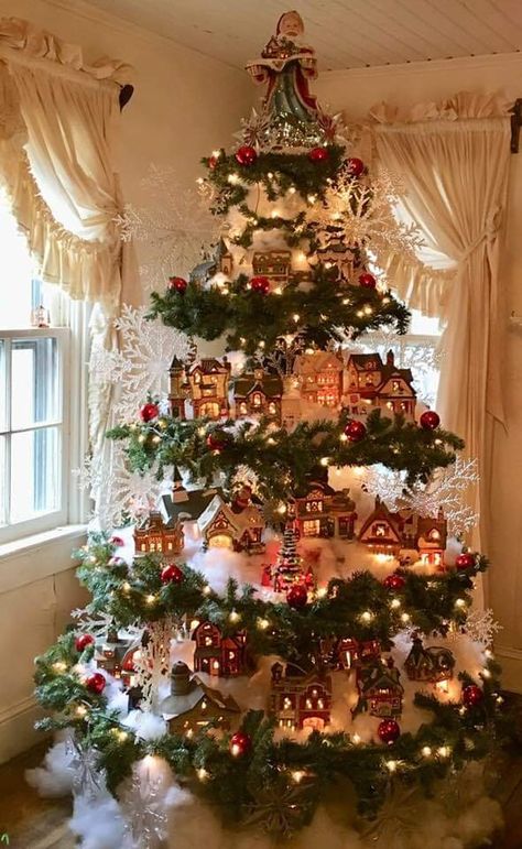 Christmas Tree Under Decor, Christmas Village Tree, Christmas Tree Village Display, Diy Christmas Village Displays, Village Tree, Christmas Tree Train, Christmas Tree Inspo, Christmas Tree Village, Diy Christmas Village