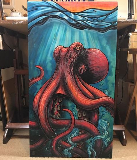 Octopus Painting, Octopus Art, Painting Art Projects, Ocean Art, Kraken, Diy Art Painting, Mural Art, Canvas Art Painting, الرسومات اللطيفة