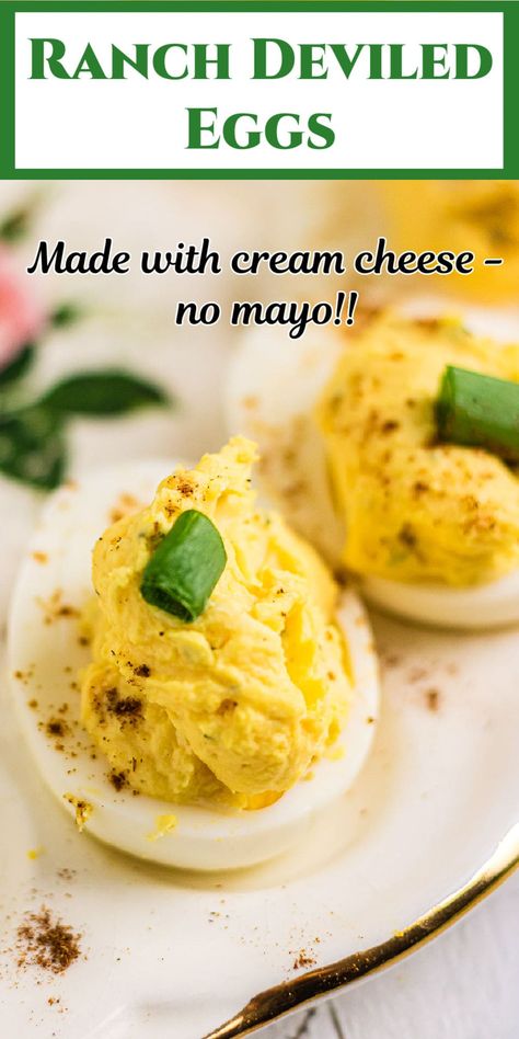 Ranch deviled eggs are so unique! The <span class="wprm-glossary-term wprm-glossary-term-43810 wprm-tooltip" data-tooltip="high fat dairy product/ also to beat one or more ingredients, usually margarine or butter, sugar, and/or eggs, until the mixture is smooth and fluffy.">cream</span> cheese gives them an extra rich texture and deliciously tangy flavor without any mayonnaise or mustard. Deviled Eggs Cream Cheese, Pickled Ranch Deviled Eggs, Deviled Eggs No Mustard, Deviled Eggs Without Mustard, Deviled Eggs Without Mayo, Deviled Eggs No Mayo, Healthy Deviled Eggs Recipe, Deviled Eggs Recipe Best, Pickle Pasta