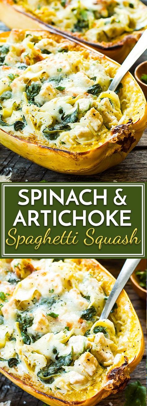 Spinach Artichoke Spaghetti Squash, Artichoke Spaghetti Squash, Artichoke Spaghetti, Spaghetti Squash Boats, Apartment Recipes, Squash Boats, Artichoke Stuffed, Stuffed Squash, Baked Spaghetti Squash