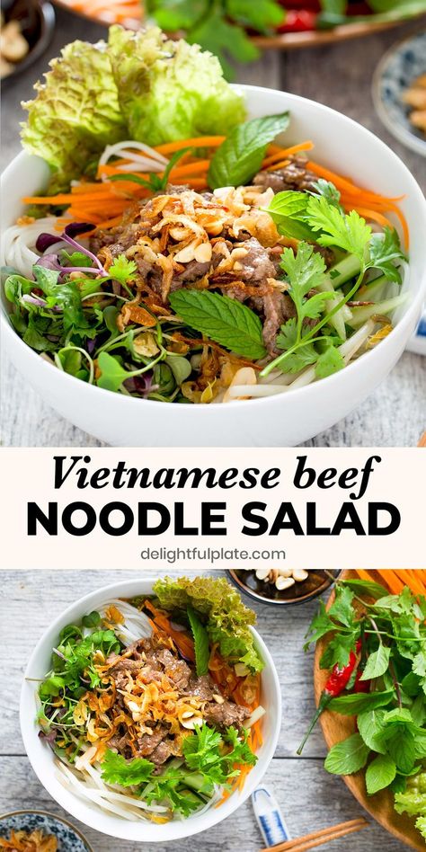 Healthy Vietnamese Recipes, Beef Noodle Salad, Asian Salads, Vietnamese Noodle Salad, Noodle Bowls Recipes, Saturday Lunch, Vietnamese Beef, Bo Bun, Asian Recipe