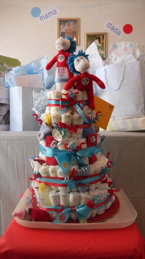 Twin Diaper Cake, Dr Suess Baby, Fiesta Shower, Thing 1 And Thing 2, Dr Seuss Baby Shower, Baby Shower Registry, Baby Shower Diaper Cake, Lace Wedding Cake, Twins Baby Shower