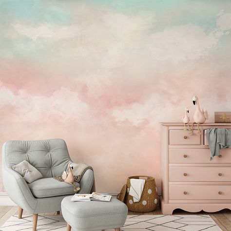 Mint & Pink Sky and Clouds Wall Mural WM089 Cloud Wall Mural Diy, Wallpapers Kids Room, Pink Clouds Nursery, Nursery Cloud Wall, Pastel Wallpaper For Room, Cloud Mural Wallpaper, Cloud Wall Painting Bedrooms, Pink Cloud Nursery Theme, Pastel Mural Painted Walls