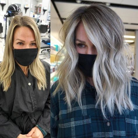 Grey Blending, Balayage Lob, Pompadour Style, Grey Blonde Hair, Gray Hair Styles, Grey Hair Transformation, Grey Blonde, Salt And Pepper Hair, Grey Hair Inspiration