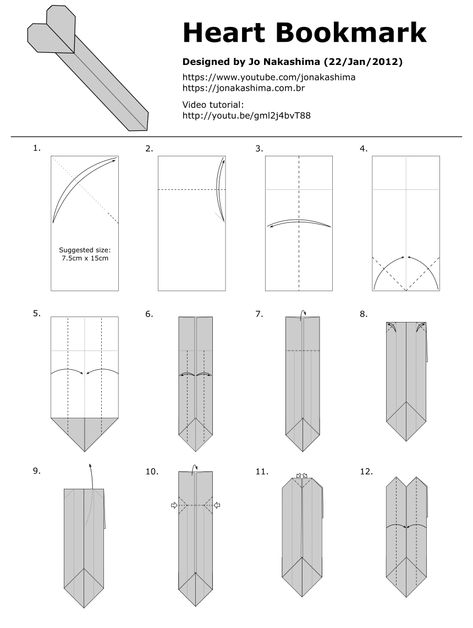 Origami Heart Bookmark - Jo Nakashima Paper Bookmarks Heart, Simple Origami Bookmark, Index Card Origami, How Make Bookmark, Make A Bookmark Diy, Bookmark Origami Tutorials, Bookmark Ideas Origami, Cute Bookmarks Origami, Origami Paper Bookmark