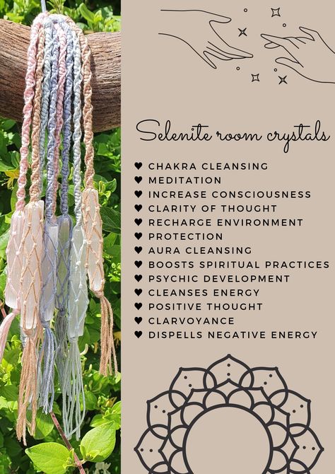 Uses and benefits of hanging selenite in your room Macrame With Crystals Diy, Macrame And Crystals, Room Crystals, Macrame Crystal Hanger, Macrame Crystals, Macrame Crystal Holder, Crystals Macrame, Chakra Cleanse, Aura Cleansing