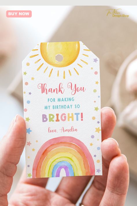 These editable rainbow thank you tags make a lovely addition to your rainbow themed birthday party decorations. Sized 2'' x 3.5'', they can easily be turned into thank you cards or party favor tags. Make your rainbow party impressive, edit and customize the text, then print as many times as you wish.
Click to shop this item and check out our store for many rainbow themed items and ideas! Rainbow Themed Birthday Party Decorations, Rainbow Birthday Theme, Rainbow Birthday Favors, Birthday Party Giveaways, Rainbow Theme Birthday, Rainbow Party Invitations, Rainbow Birthday Decorations, Rainbow Party Favors, Rainbow Themed Birthday Party