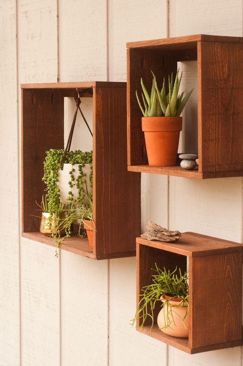 Easy to make and super affordable, these boxes give your pots and hanging planters a cohesive look and bring some life into any space. And they cost less than $3 each! Published in partnership with @homedepot Boxes Diy, Hal Decor, Floating Plants, Plant Box, Box Shelves, Wood Floating Shelves, Plant Shelves, Diy Shelves, Wooden Shelves