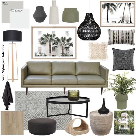 Sage Black Beige Living Room, Black Beige Olive Living Room, Black Grey And Rattan Living Room, Black And Sage Living Room Ideas, Black Grey And Olive Green Living Room, Olive Green Coastal Decor, Olive Green Gray And Black Living Room, Cream Green Black Living Room, Neutral Black And Green Living Room