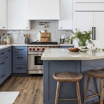 Glossy White Upper Cabinets and Gray Flat Front Lower Cabinets - Contemporary - Kitchen Marble Top Kitchen Island, White Upper Cabinets, Dark Wooden Floor, Pure Salt Interiors, Blue Kitchen Island, Girl Bathrooms, Pure Salt, Kitchen Finishes, Oak Kitchen Cabinets