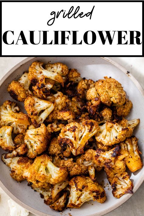 This spicy Grilled Cauliflower recipe blows all other cauliflower side dishes out of the water! The florets are tossed with smoky-spicy seasonings, then grilled to tender and lightly charred perfection. It’s an exciting and flavor-packed side dish that pairs well with any meal! Cauliflower Recipes On The Grill, Cauliflower On Bbq, Cauliflower Grill Recipes, Bbq Cauliflower Recipes, Grilled Cauliflower In Foil, Roasted Cauliflower On The Grill, Beginner Grilling Recipes, Summer Cauliflower Recipes, Blackstone Cauliflower