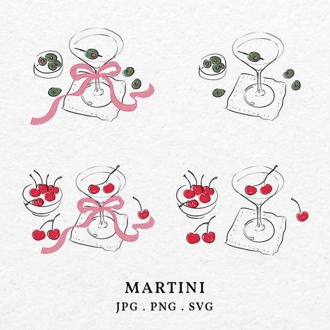 Martini Doodle, Bow Doodle, Cherries Illustration, Martini Illustration, Cherry Martini, Art Outline, Hand Drawn Doodles, Hand Drawn Elements, Cherry Design