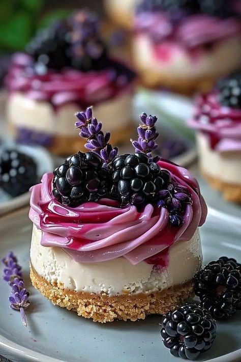 Cheesecake Recipes Blackberry, Mini Blackberry Lavender Cheesecakes, Blackberry Lavender Cheesecake, Blackberry Cheesecake Recipes, Lavender Desserts, Blackberry Desserts, Blackberry Dessert Recipes, Lavender Cheesecake, Blackberry Lavender