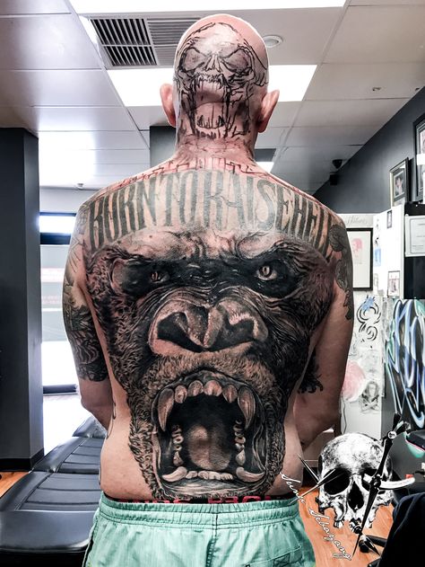 Gorilla fullback tattoo Artist by Sunu Puspitanala Sebayang Gorilla Back Tattoo Men, Mens Gorilla Tattoo, Gorilla Arm Tattoo, Silver Back Gorilla Tattoo, Fullback Tattoo, Gorilla Shoulder Tattoo, Gorilla With Crown Tattoo, Gorilla Tattoo, Stomach Tattoos