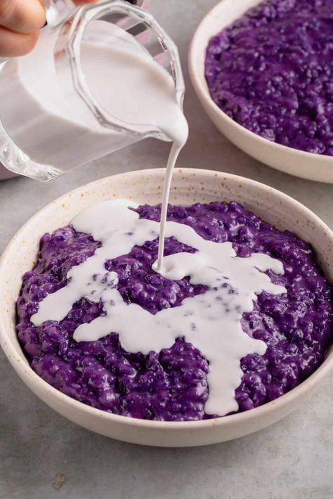 Filipino Desserts Aesthetic, Ube Champorado Recipe, Aesthetic Filipino Food, All You Can Eat, Filipino Breakfast Aesthetic, Champorado Filipino, Ube Champorado, Champorado Recipe, Silog Meals