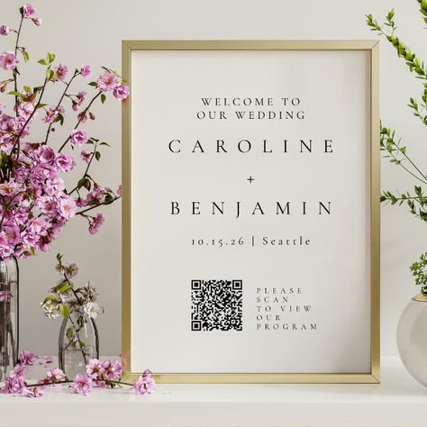 Minimalist Black White Wedding Program QR Code Poster Qr Code Poster, Serif Typography, Minimalist Bride, Dusty Blue Wedding, White Wedding Theme, Wedding Crest, Modern Serif, Modern Minimalist Wedding, Wedding Posters