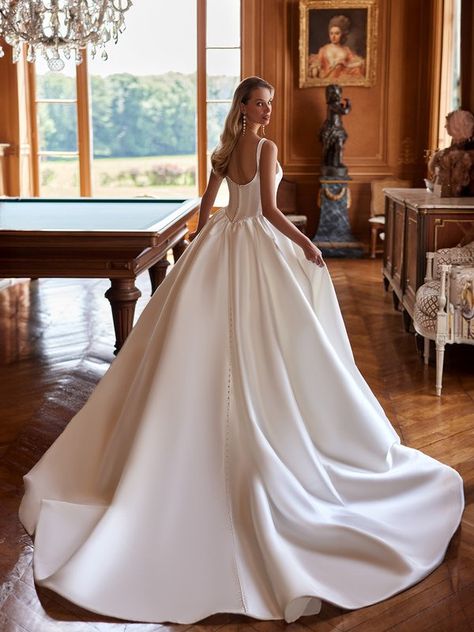 Square Neck Mikado Ball Gown Wedding Dress with Pearl Trim Neckline Moonlight Couture, Moonlight Bridal, Mermaid Ball Gown, Pearl Wedding Dress, Pearl Beading, Satin Tulle, Princess Inspired, Pearl Dress, Chapel Train