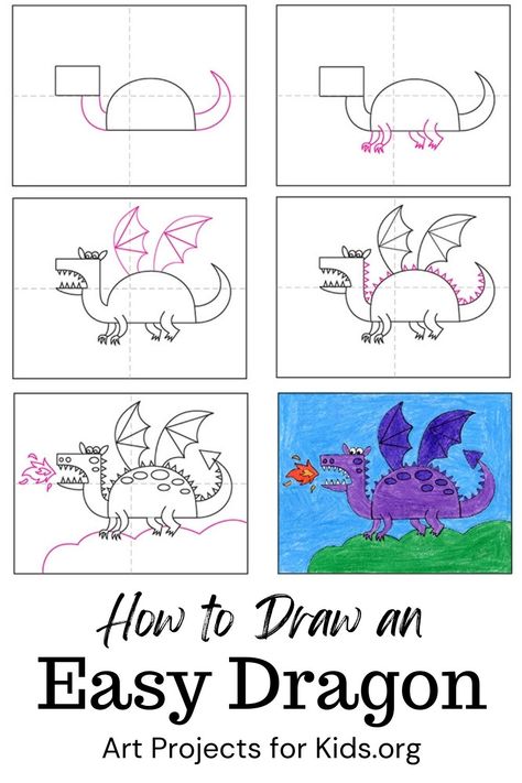 Learn how to draw an Easy Dragon with a step-by-step PDF tutorial. #howtodraw #tutorial #drawing #drawingtutorial #arttutorial #artprojectsforkids #howtodrawforkids #dragon Dragon Directed Drawing For Kids, How To Draw A Dragon Step By Step Easy, How To Draw A Dragon Step By Step, How To Draw Dragon, How To Draw A Dragon, Dragon Art Drawing, How To Draw Dragons, Christmas Drawings For Kids, Dragon Tutorial