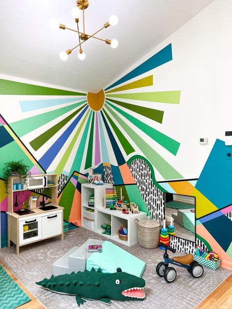 Colorful Playroom Playroom Paint, Playroom Mural, Play Corner, Diy Playroom, Colorful Playroom, Preschool Rooms, Basement Playroom, Kids Room Murals, Colorful Kids Room