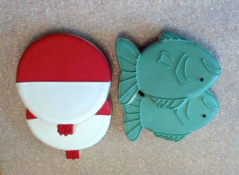 Teacher Appreciation, fish and bobbers Bobber Cookies, Fish Cut Outs, Fish Cookies, Cookie Bouquet, Fishing Party, Iced Cookies, Cut Out Cookies, Cookie Art, Fun Cookies