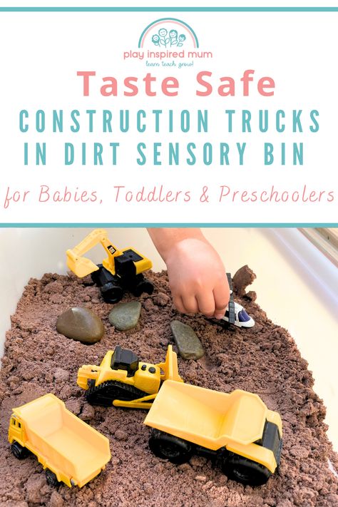 Construction truck toys in taste safe dirt with pebbles and river stones Construction Zone Sensory Bin, Trucks Sensory Bin, Sensory Bin Dirt, Construction Theme Sensory Bin, Truck Sensory Play, Car Themed Sensory Bin, Rainy Day Sensory Bin, Community Sensory Bin, Construction Site Sensory Bin