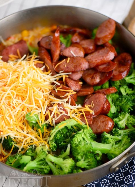 Cheesy Kielbasa, Rice and Broccoli Skillet - Mom On Timeout Kielbasa Rice And Broccoli, Kielbasa Rice, Cheesy Kielbasa, Turkey Kielbasa, Broccoli Skillet, How To Cook Kielbasa, Rice And Broccoli, Smoked Sausage Recipes, Kielbasa Recipes