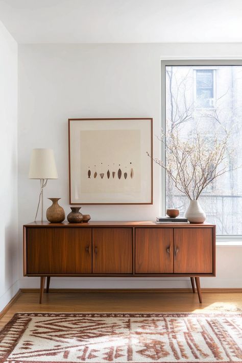 15 Tips for Masterful Mid-Century Modern Decor – Everyday Inspo Hallway Mid Century, Farmhouse Mid Century Modern Living Room, Mid Century Modern White Living Room, Mid Century Modern Living Room Cabinet, Entryway Decor Mid Century Modern, Mid Century Styling, Midcentury Modern Style, Entryway In Living Room, Style A Credenza