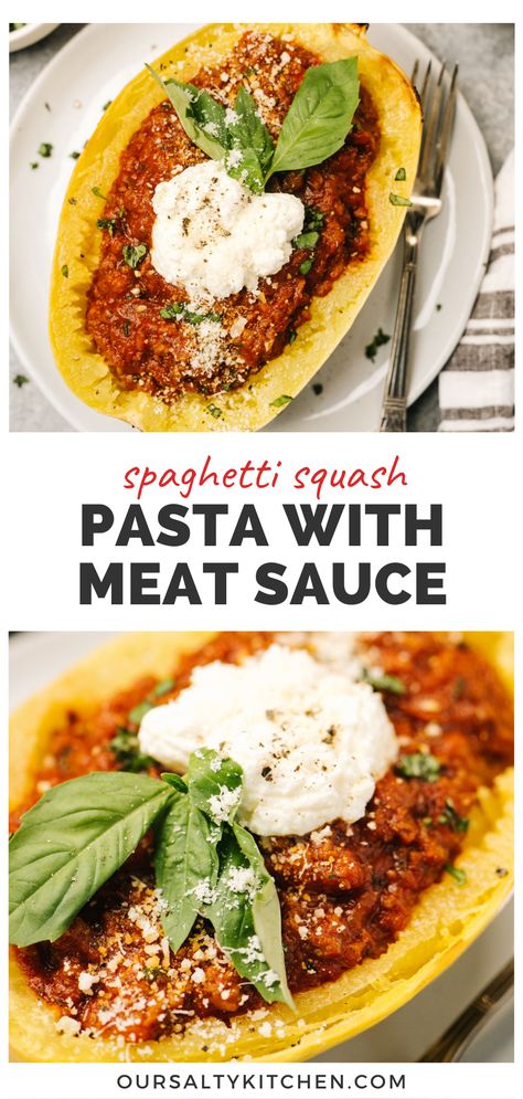 With all the makings of a classic pasta dinner, Spaghetti Squash Spaghetti is super satisfying without the carb overload. Roasted spaghetti squash noodles are the perfect Whole30 pasta substitute when you're going grain free or minding your carb intake. Our italian meat sauce is sugar free and super easy. Put the two together for a super healthy keto pasta recipe that will leave you wanting for nothing (except maybe another serving!). This dinner is whole30, paleo, low carb, and keto! Spaghetti Squash With Marinara Sauce, Whole30 Pasta, Whole 30 Spaghetti Squash, Low Calorie Spaghetti, Venison Meals, Spaghetti Squash Spaghetti, Squash Pasta Recipe, Spaghetti Squash Pasta, Dinner Spaghetti