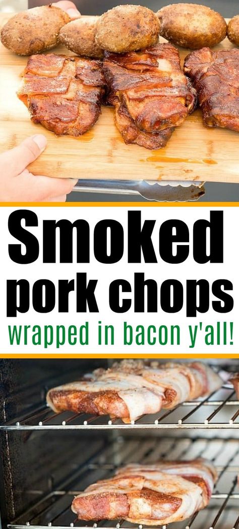 Smoked bacon wrapped pork chops are incredible and you have to make them tonight! Pair with our smoked baked potatoes for the perfect meal. #smoked #smoker #porkchops #bacon #pork #rub #smokerrecipes #thetypicalmom Trager Grill, Bacon Wrapped Pork Chops, Traeger Cooking, Smoker Ideas, Pork Dinners, Traeger Smoker, Smoked Pork Chops, Easy Baked Pork Chops, Barbecue Pork Ribs