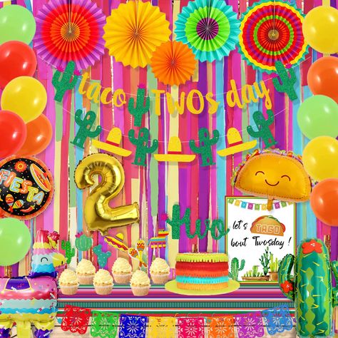 PRICES MAY VARY. TACO Twosday DECORATION SET INCLUDES - 6 x Fiesta Colorful Paper Fans, 1 x Taco Twosday banner, 1 x papel picado banner, 1 x Mexican Banner, 1 x Two Cake Topper, 6 x Fiesta Colorful Paper Fans, 7 x Color Crepe Paper Streamers, 7 x Llama and Cactus Cupcake Toppers, 4 x Foil Balloons, 12 x Latex Balloons, 1 x Gold Tinsel Foil Fringe Curtain, 1 x let's taco bout twosday sign(8”*10”), 2 x Glue Dots,1 x Rope. MEXICAN 2nd BIRTHDAY DECORATIONS - This birthday decorations set will creat Two Girl Birthday Party Themes, Taco Twosday Birthday Girl, Two Birthday Theme Girl, Fiesta 2nd Birthday, Taco Twosday Birthday Party, Twosday Birthday Party, Mexican Banner, Taco Twosday Birthday, Picado Banner