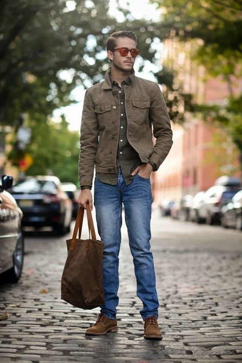 Fall Outfits for Men - 17 Casual Fashion Ideas This Fall Brown Shoes With Jeans, Brown Denim Jacket, Brown Shoes Men, Semi Formal Outfits, Mens Fashion Fall, Outfit Trends, Denim Jacket Men, Mens Fall, Shoes With Jeans