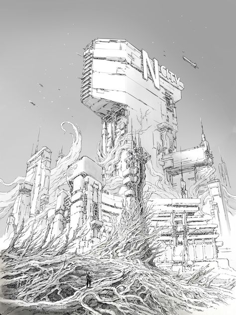 ArtStation - Scifi_ruined city_1102 Cyberpunk Drawing, Ballerina Art Paintings, Scifi Building, Scifi City, Sci Fi Architecture, Monochrome Illustration, Comic Book Layout, Ruined City, Space Ship Concept Art