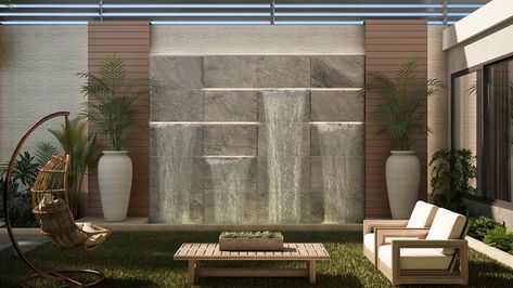 Terrace Waterbody Design, Waterfall In Landscape Design, Modern Wall Fountain Outdoor, Waterfall Modern Design, Modern Waterfall Backyard, Waterbody Landscape Design, Waterfall Design Ideas, Modern Wall Waterfall Outdoor, Waterfall Home Decor